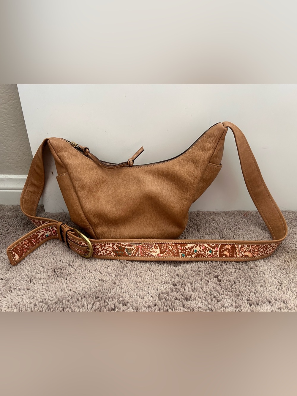 Lucky Brand Tan Pebble Leather Hobo with Embroidered Strap